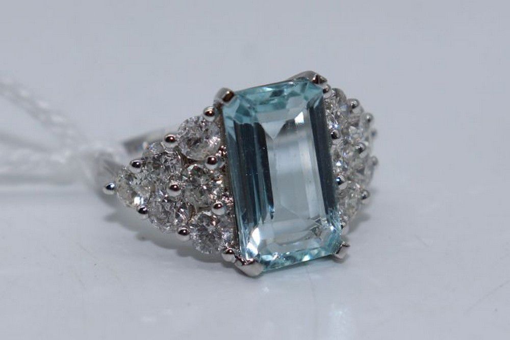 Emerald Cut Aquamarine Diamond Trilogy Ring, Size M - Rings - Jewellery