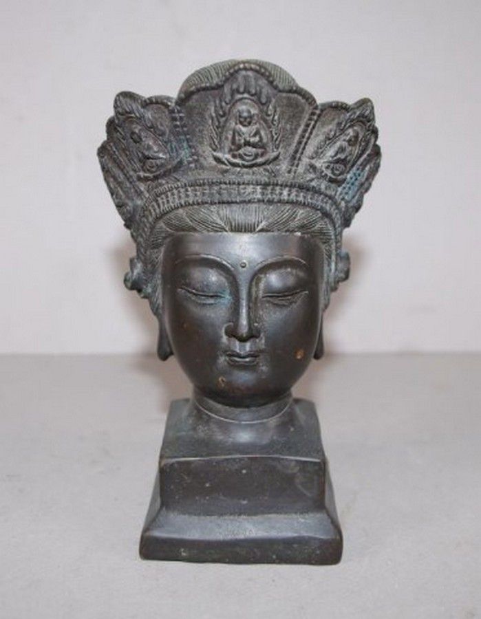 Bronzed Chinese Deity Head (16cm) with Character Marks - Zother - Oriental