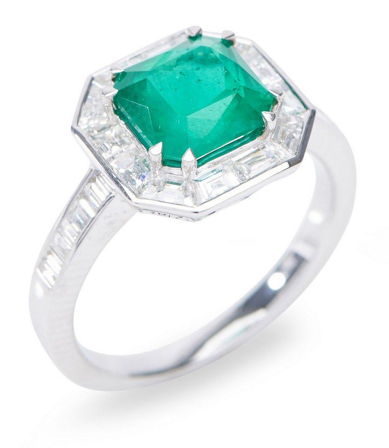 Octagonal Emerald and Diamond Ring in White Gold - Rings - Jewellery
