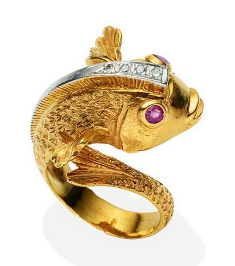 Ruby and Diamond Lucky Koi Fish Ring, 14K Gold - Rings - Jewellery