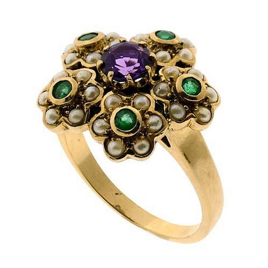 Suffragette-inspired 9ct Gold Gem Cluster Ring, Size P - Rings - Jewellery