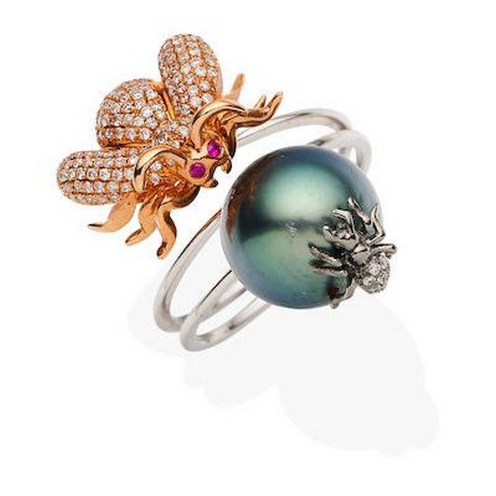 Diamond and Pearl Spider & Bee Novelty Ring in 18ct Gold Rings