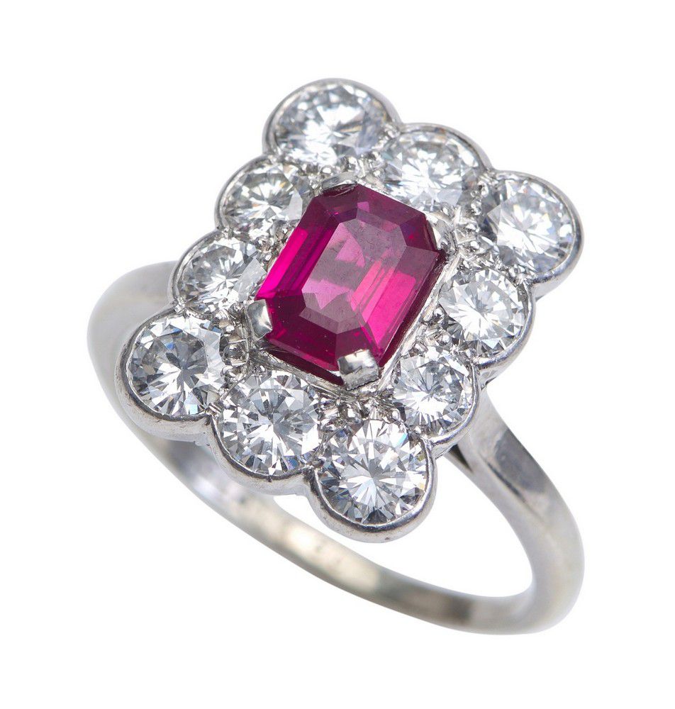 Emerald Cut Ruby & Diamond Cluster Ring - Rings - Jewellery