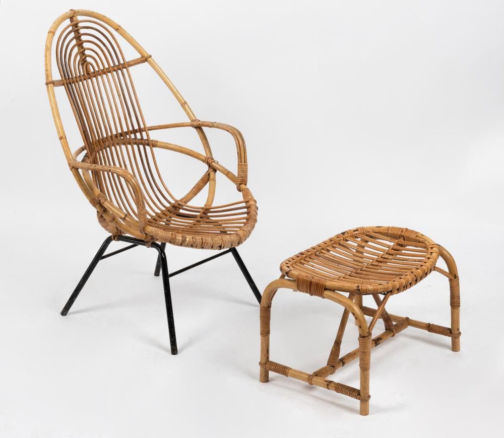 French Cane Chair and Ottoman Set, 1960s European Furniture Post 1950