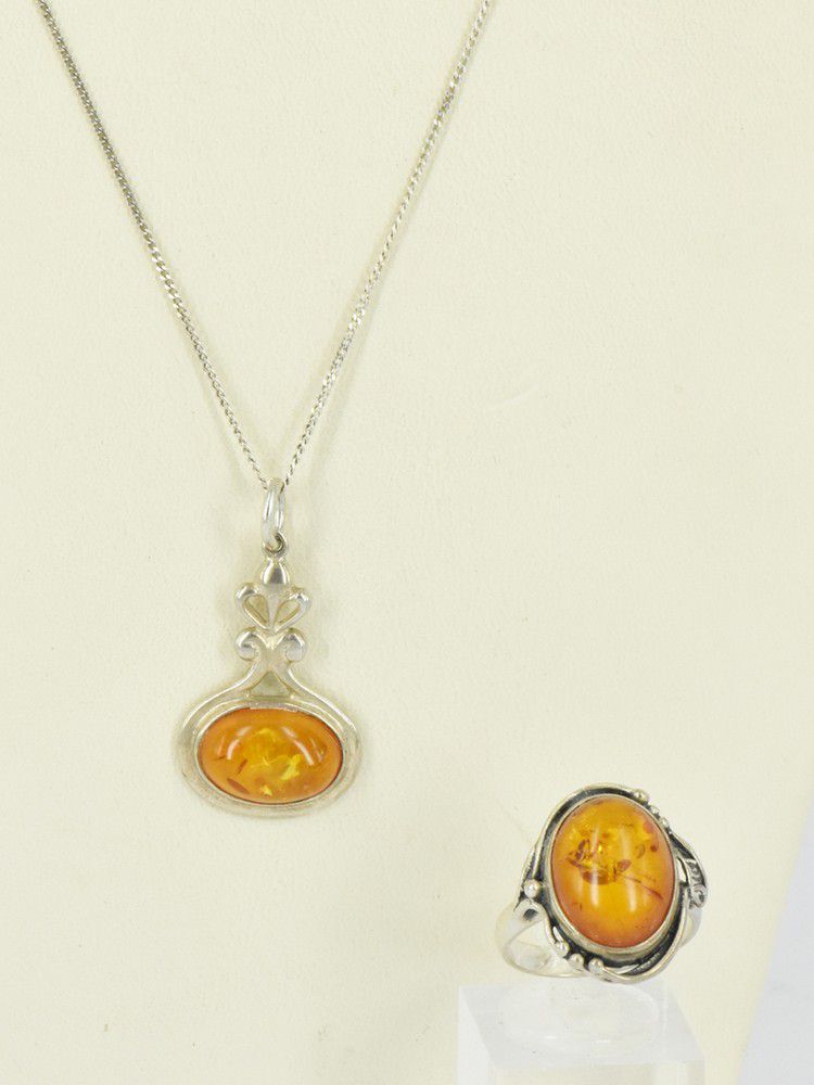 Amber Set on Silver Ring and Necklace, Size N - Rings - Jewellery