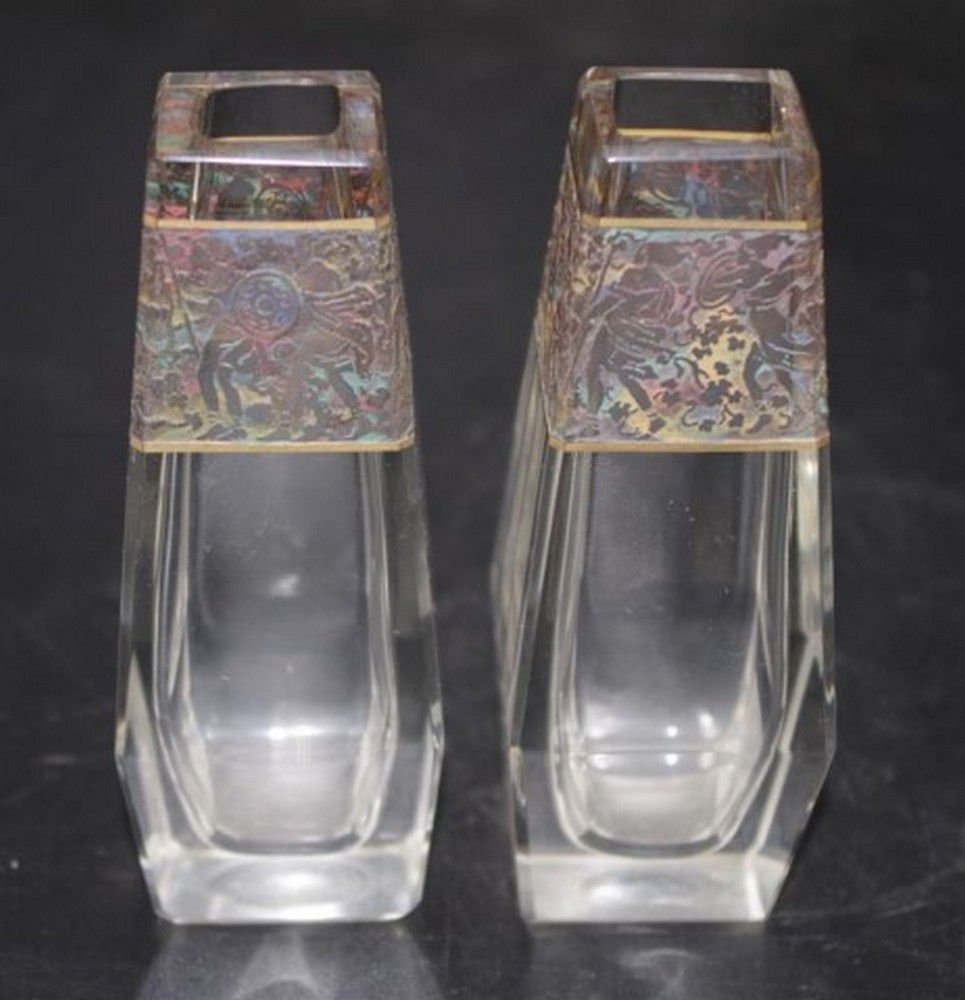 Antique Moser Crystal Posy Vases With Classical Etching European Glass 8189