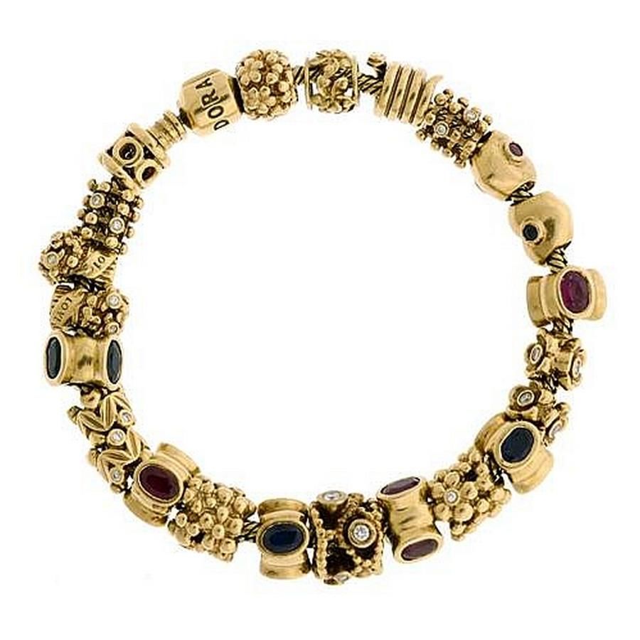 14ct Gold Charm Bracelet with Ruby, Sapphire and Diamonds - Bracelets