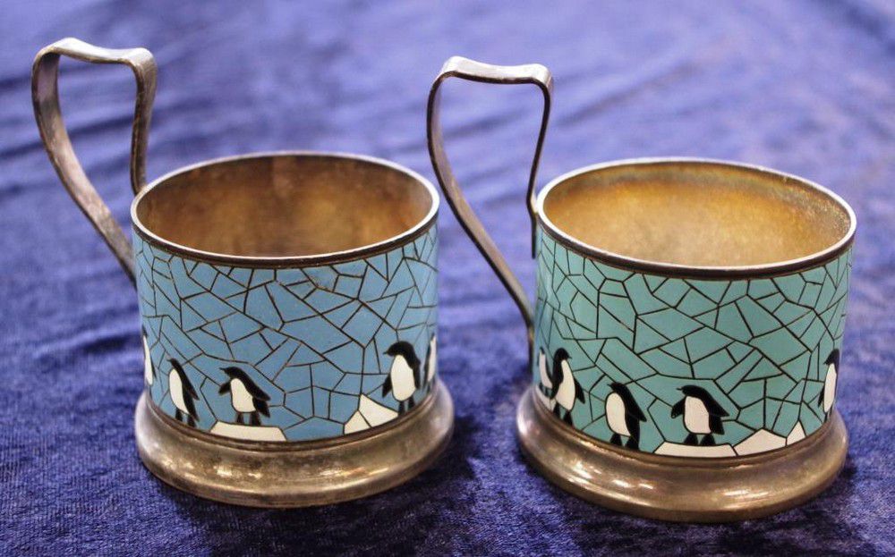 Russian Enamel Penguin Tea Glass Holders (Pair) Russian works of art
