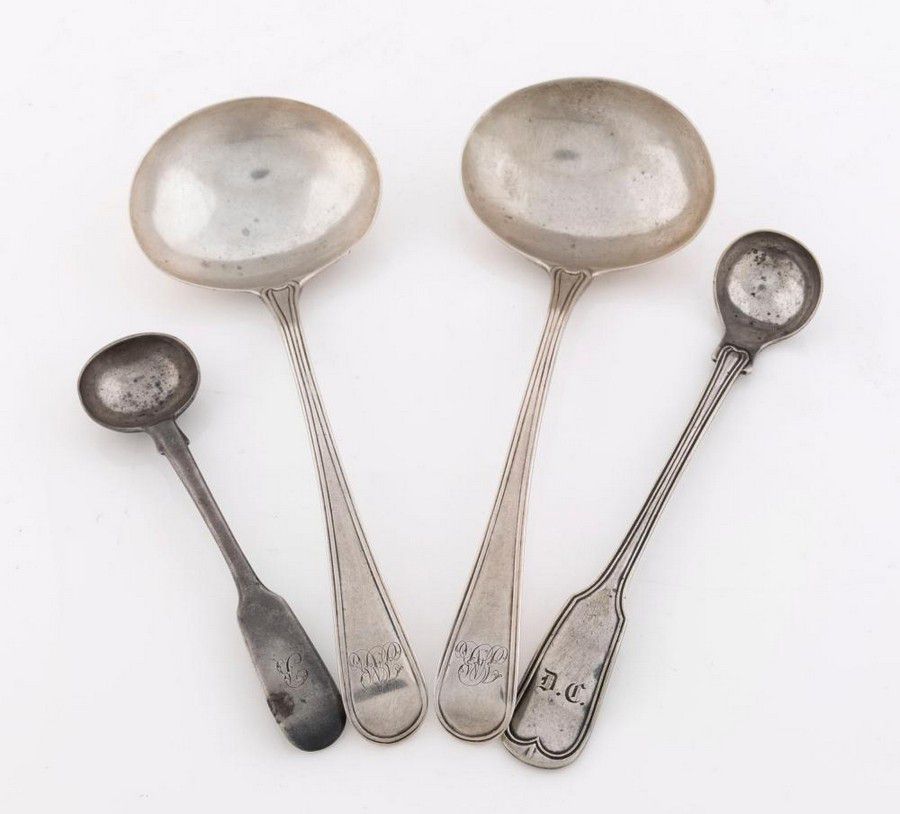 A pair of Georgian sterling silver ladles and two 19th century ...