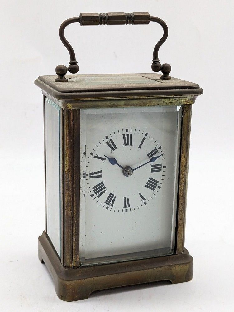 French Brass Carriage Clock with Bevelled Glass and Enamel Face ...