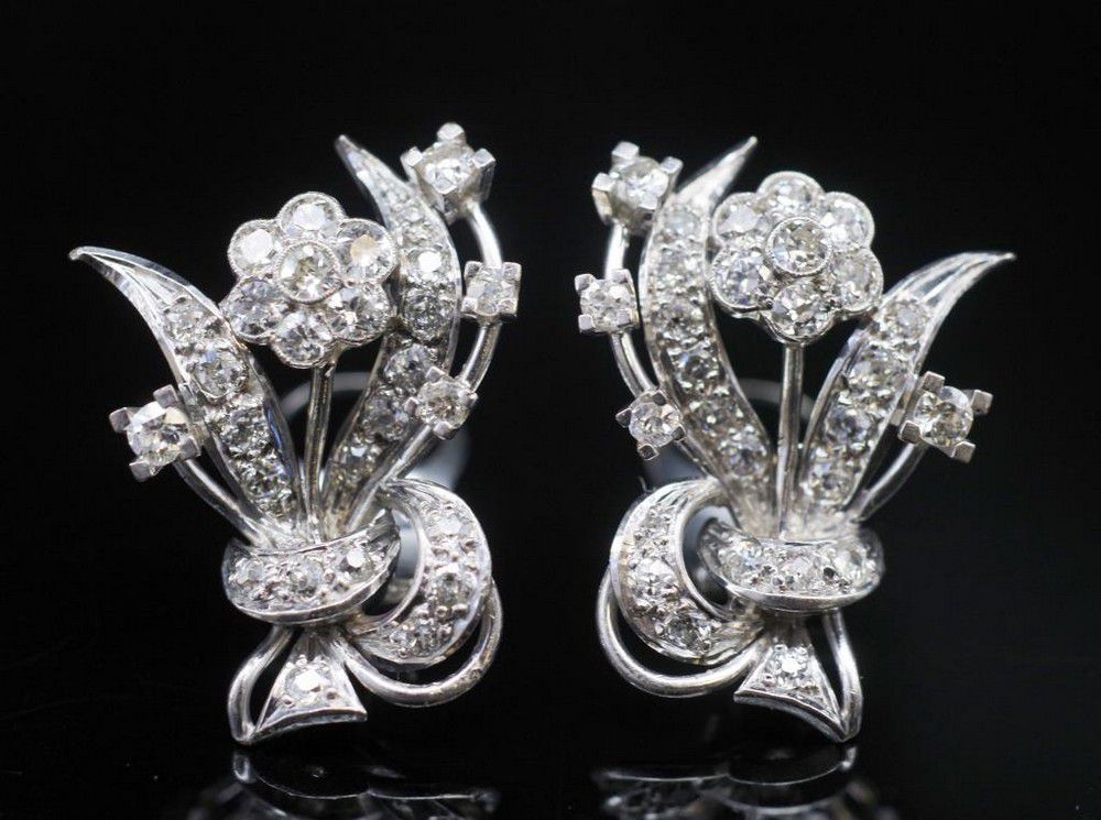 Mid Century Diamond Flower Earrings, 2.14ct, 10k Gold - Earrings ...