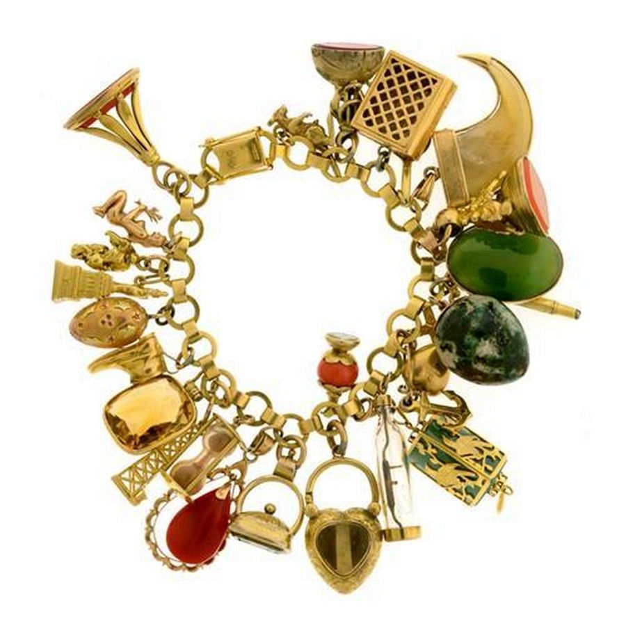 Gold Charm Bracelet with Multiple Charms and Clasp - Bracelets/Bangles ...
