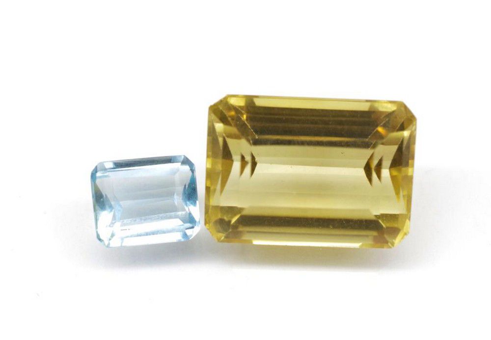 28.65ct Citrine & Aqua Glass Emerald Cut Gemstones British 20th
