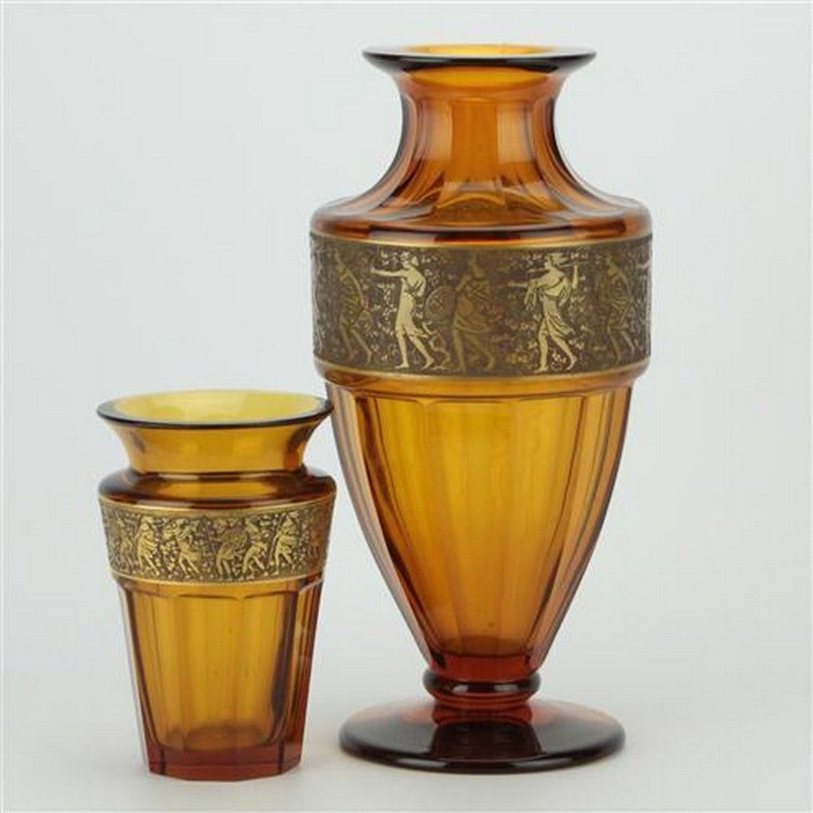 Moser Karlsbad Amber Glass Vases Both Decorated With A Gilded