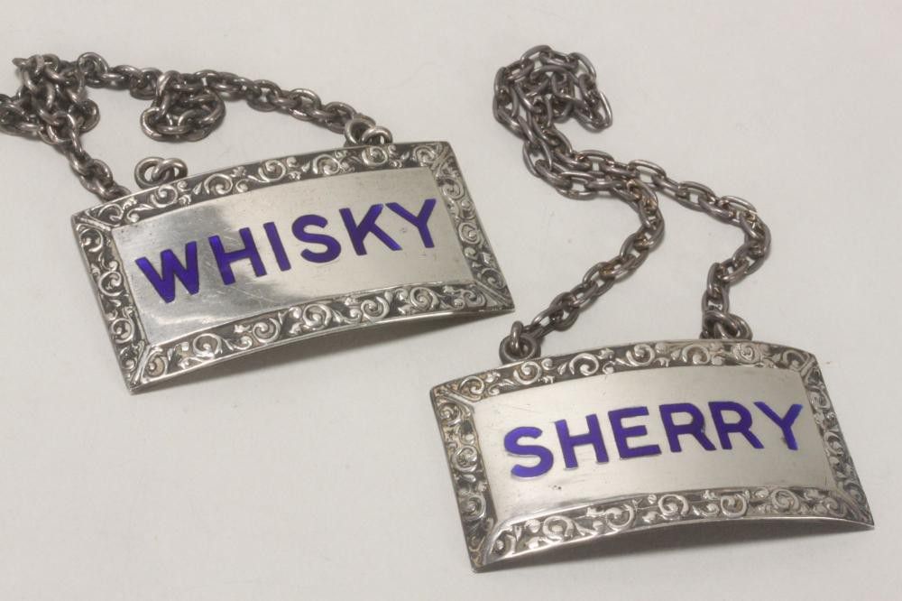 Sterling Silver Decanter Labels with Enamel Text (2) - Wine Labels - Silver