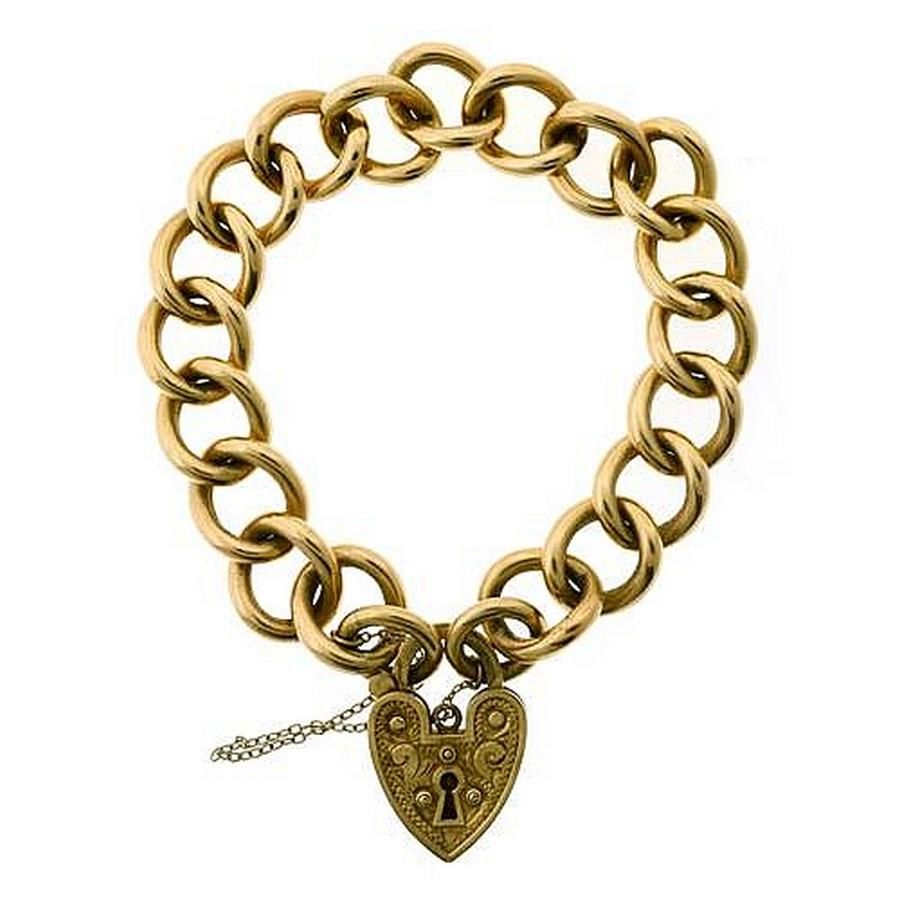 9ct Gold Heart Padlock Bracelet with Curb Links - Bracelets/Bangles ...