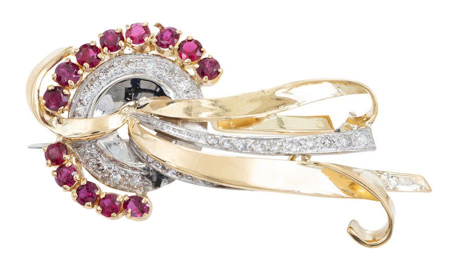 Retro Ruby & Diamond Spray Brooch in 18ct Gold - Brooches - Jewellery