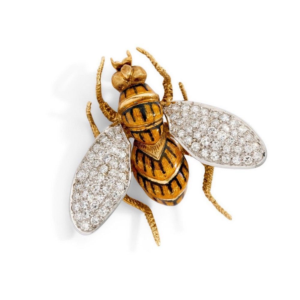 Enamel and Diamond Bee Brooch in 18ct Gold, 2.50ct - Brooches - Jewellery
