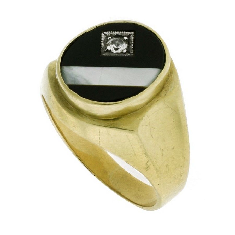 Onyx and Diamond Men's Signet Ring in 9ct Yellow Gold - Rings - Jewellery