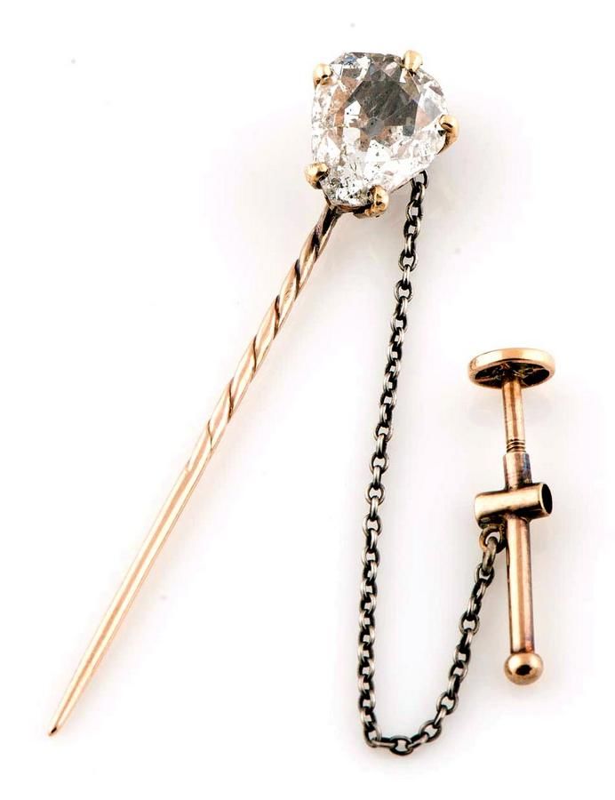 Antique Diamond Pear Shaped Cravat Pin In Rose Gold Stick Hat Tie 