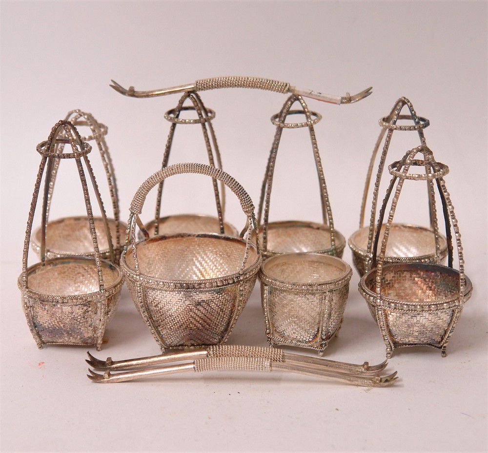 Burmese Silver Mini Baskets with Suspension Handles and Poles Zother