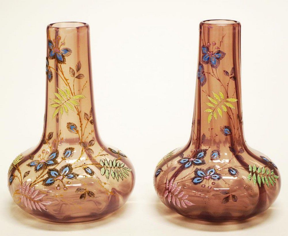 Enamel Floral Victorian Glass Vases on Lilac Glass British 