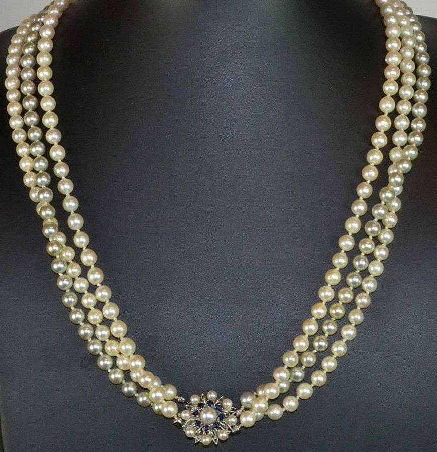 Triple Strand Akoya Pearl Necklace with Sapphire Clasp - Necklace/Chain ...