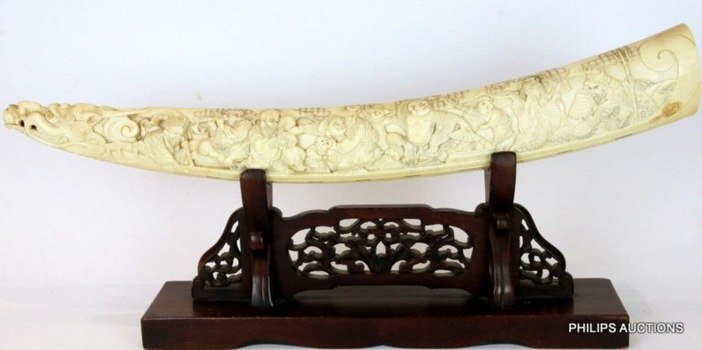 Chinese Carved Ivory Tusk on Stand, Qing Dynasty - Ivory - Oriental