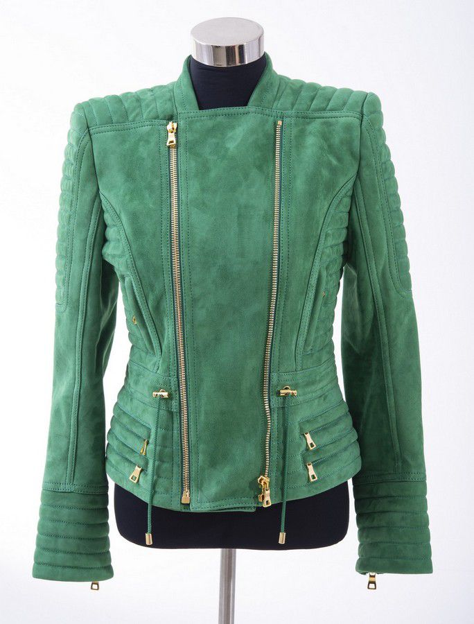 Balmain Green Quilted Suede Jacket with Gold Zip Detail - Clothing ...