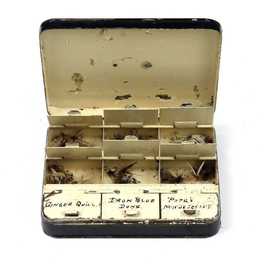 Vintage Hardy Fly Box with 75+ Flies - Sporting Equipment