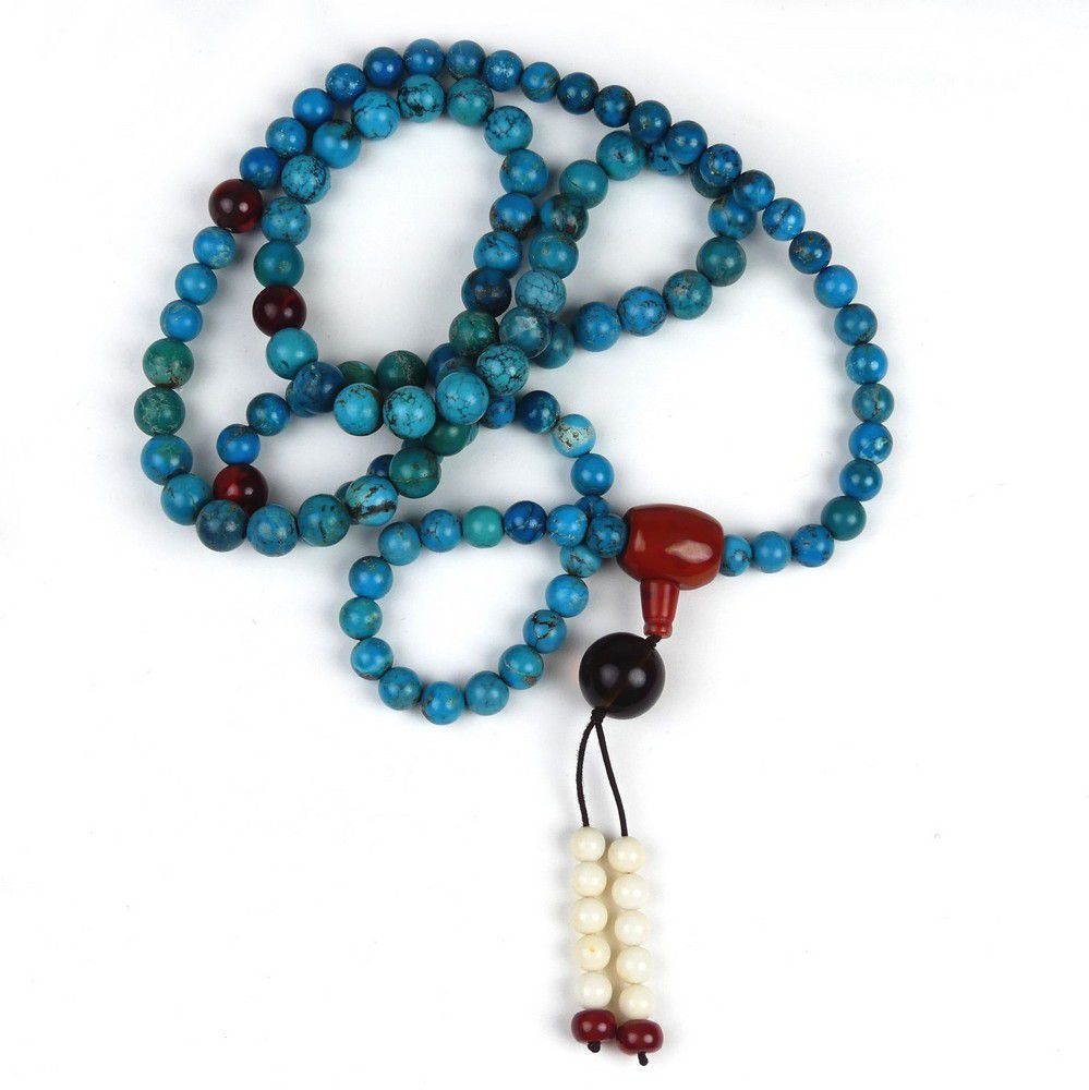 Turquoise Mala Necklace with Red Agate and Coral Beads - Necklace/Chain ...