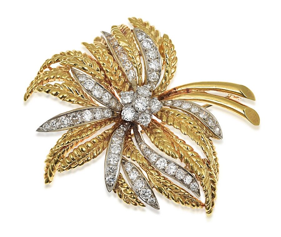 Gold and Diamond En Tremblant Brooch with Textured Leaves - Brooches ...