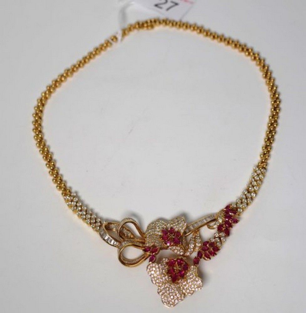 Ruby and Diamond Flower Necklace in 18ct Yellow Gold - Necklace/Chain ...