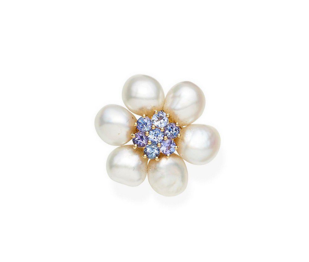 Keshi Pearl and Tanzanite Brooch in 18ct Gold - Brooches - Jewellery