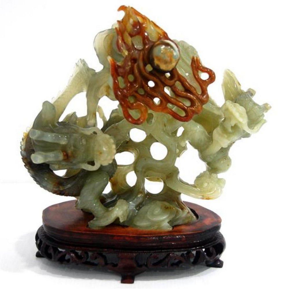 Jade Dragons Chasing Flaming Pearl on Stand - Jade - Oriental