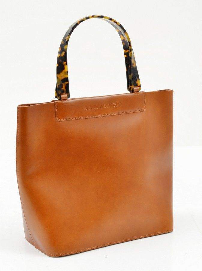 Lamarthe Tan Leather Handbag with Tortoise Handle - Handbags & Purses ...