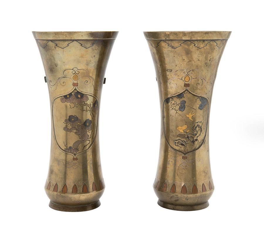 Japanese Meiji Era Brass Mantel Vases Brass Oriental