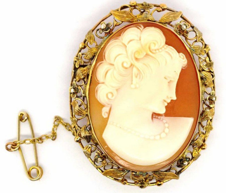 9ct Gold Carved Shell Cameo Brooch with Lady Profile - Brooches - Jewellery