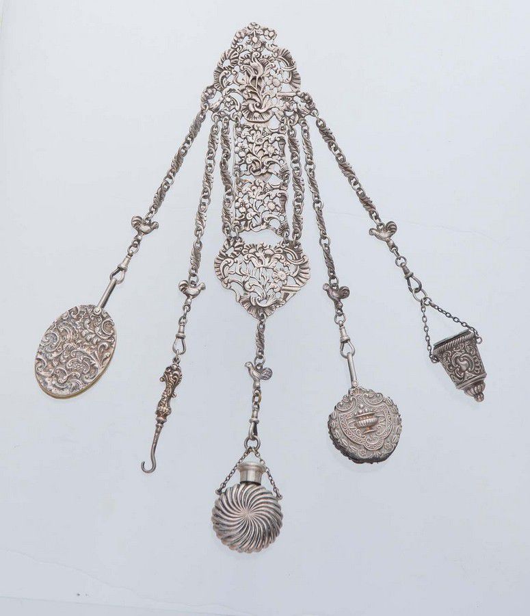 Edwardian Sterling Silver Chatelaine with Thimble, Pin Cushion & More ...