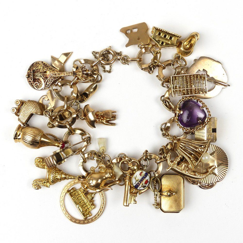 Vintage Gold Charm Bracelet with 26 Charms - Bracelets/Bangles - Jewellery