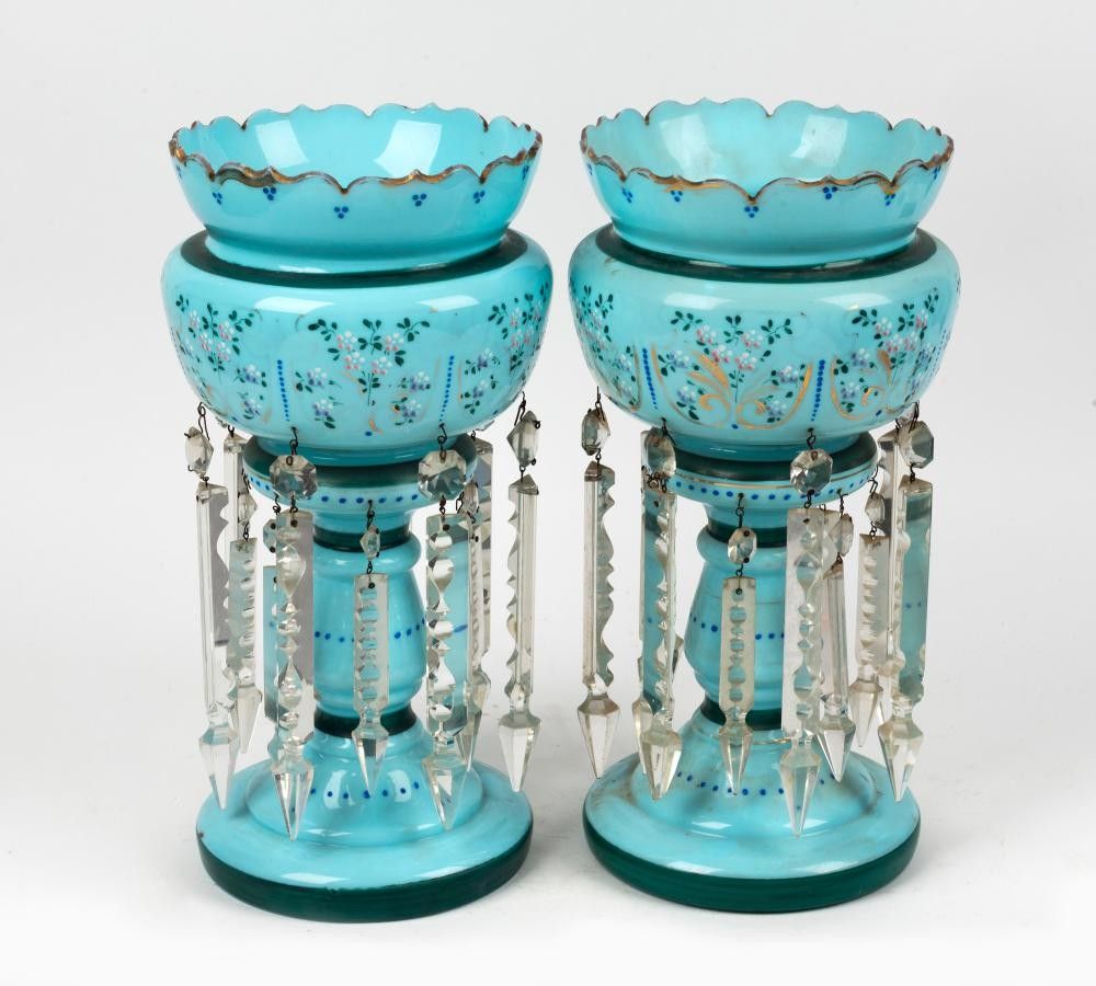 A pair of antique blue glass lustre mantle vases, 19th century ...