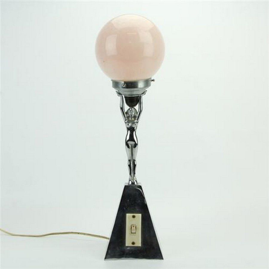 Art Deco Chrome Figural Lady Lamp With A Pink Glass Ball Shade