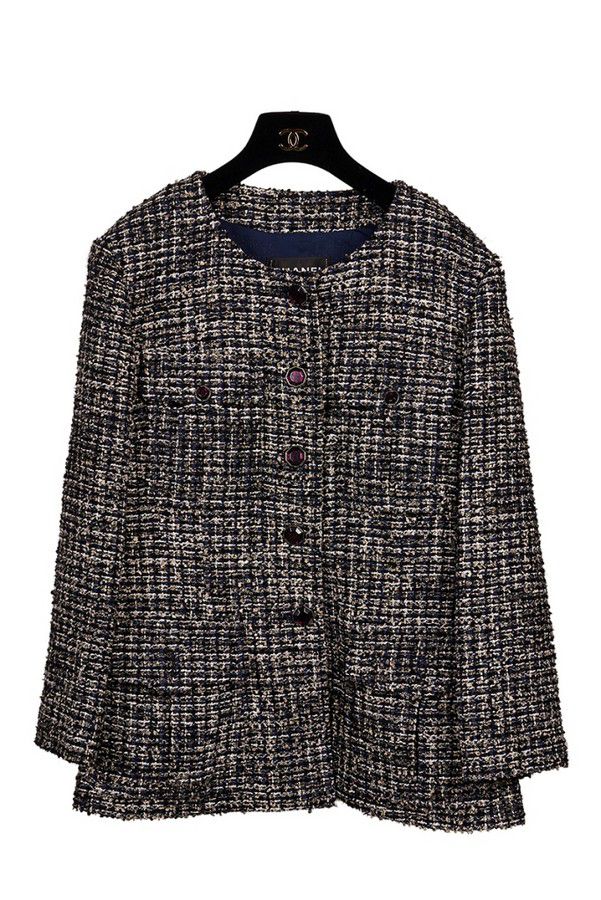 Chanel Navy Boucle Jacket with Faux Amethyst Buttons - Clothing - Women ...