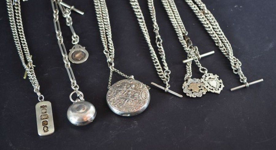 Set of Six Sterling Silver Watch Chains with Accessories - Necklace ...