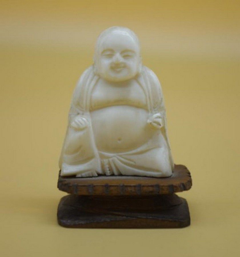 Chinese Ivory Buddha Statue on Wooden Stand - Ivory - Oriental