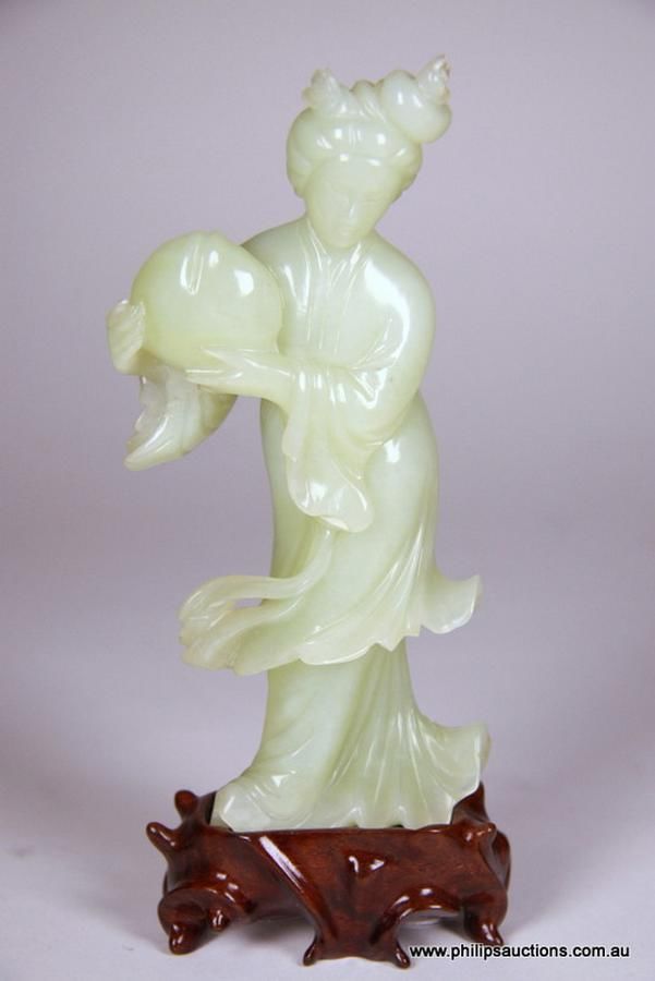 Celadon Jade Female Figurine with Peach - Jade - Oriental