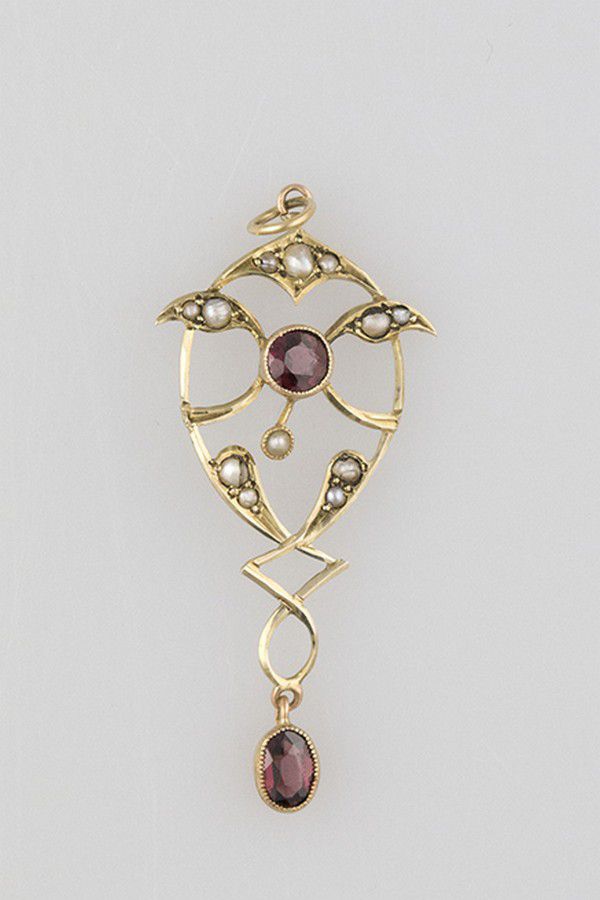 Garnet and Pearl Scroll Pendant in 9ct Gold - Pendants/Lockets - Jewellery