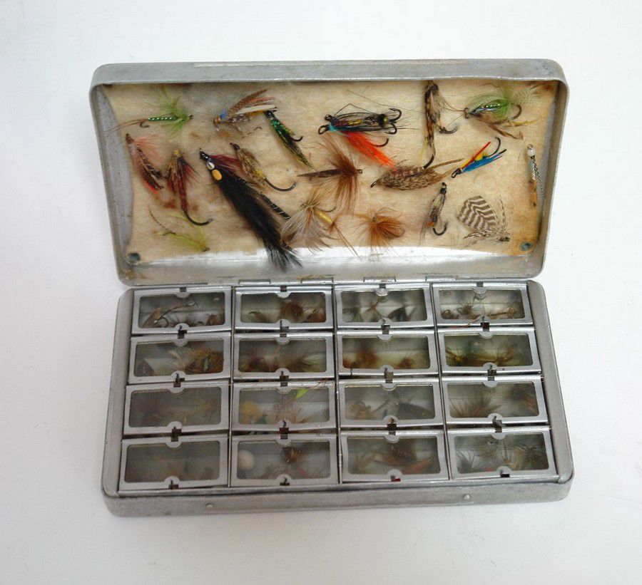 Vintage Allcocks Fly Box with 100 Dry Flies - Sporting Equipment