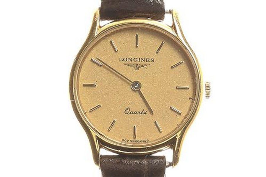 Golden Textured Longines Lady's Quartz Wristwatch with Leather Band ...