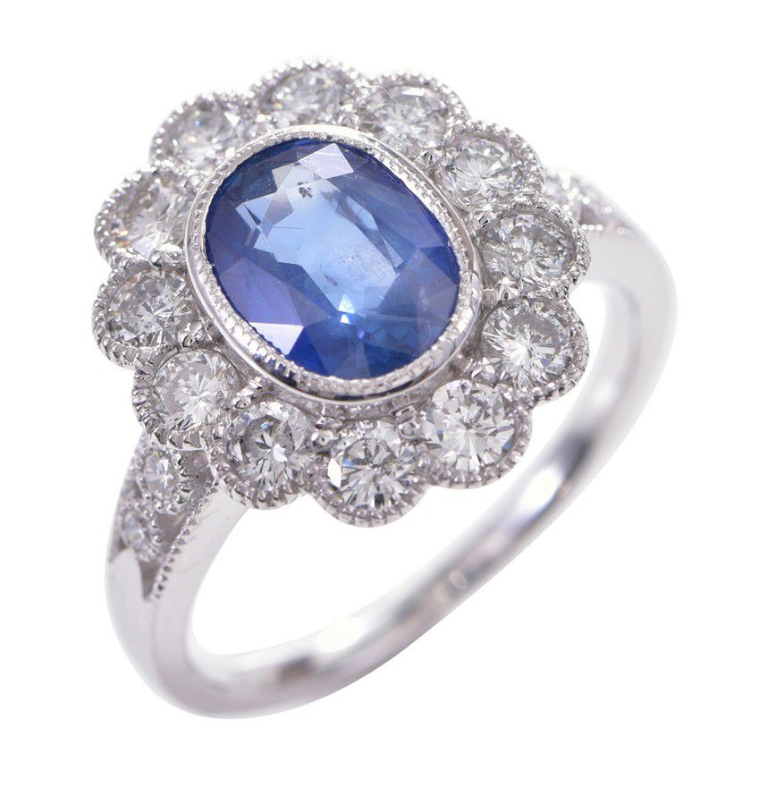 Sapphire and Diamond Cluster Ring, 18ct White Gold, N - Rings - Jewellery